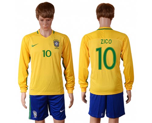 Brazil #10 Zico Home Long Sleeves Soccer Country Jersey